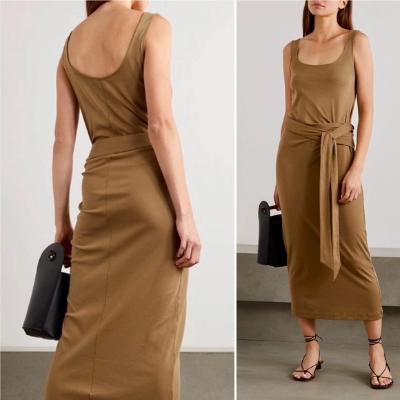 Vince Pima Cotton Jersey Wrap Midi Dress Brown Beige Tank Tie Waist Scoop Neck S - Picture 1 of 10